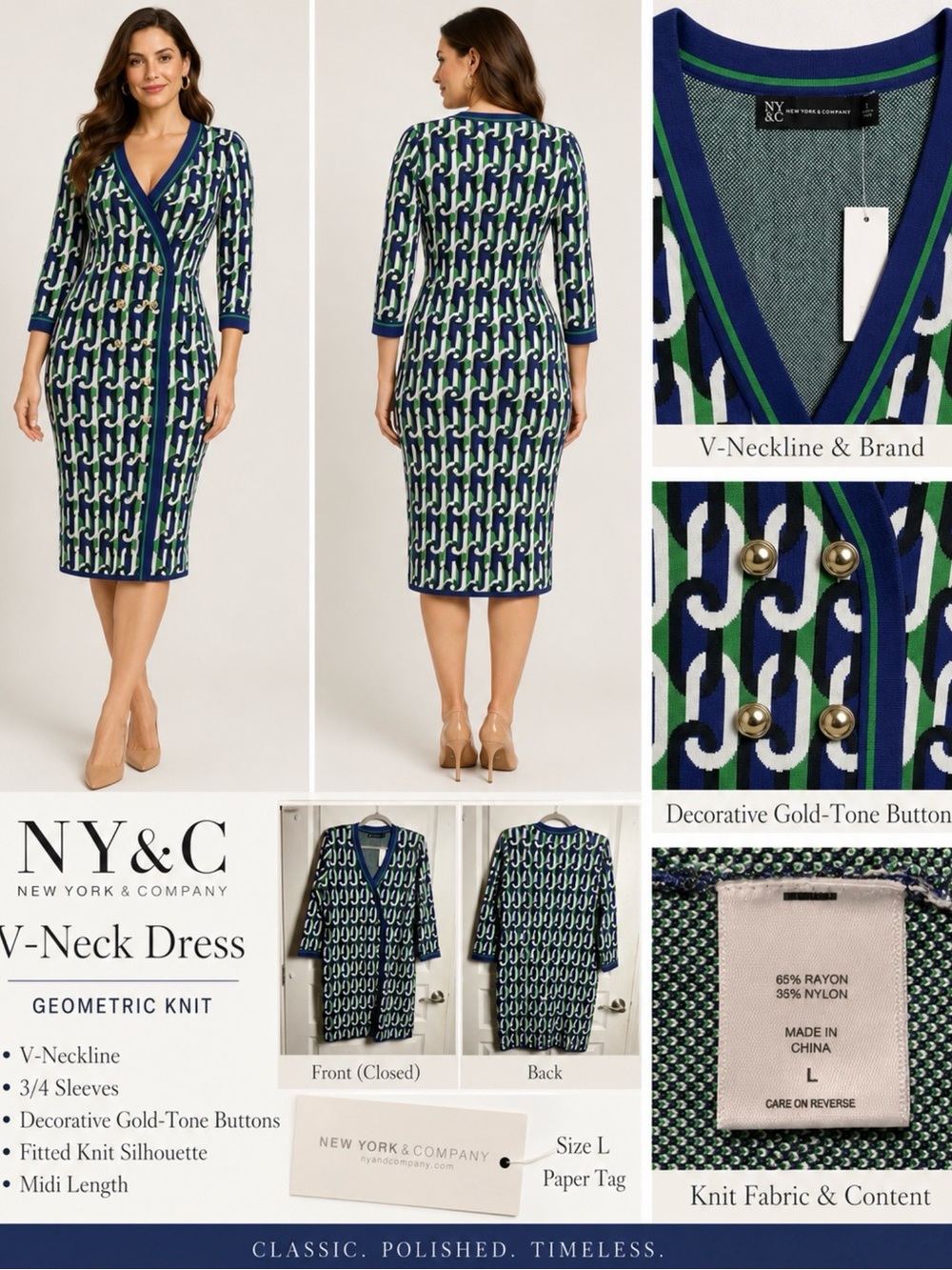 NY&C New York & Company Geometric Knit V-Neck Midi Dress Size L NWT